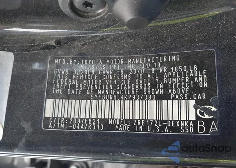 2019 Toyota Corolla Le from USA, damaged, VIN 5YFBURHE4KP937380